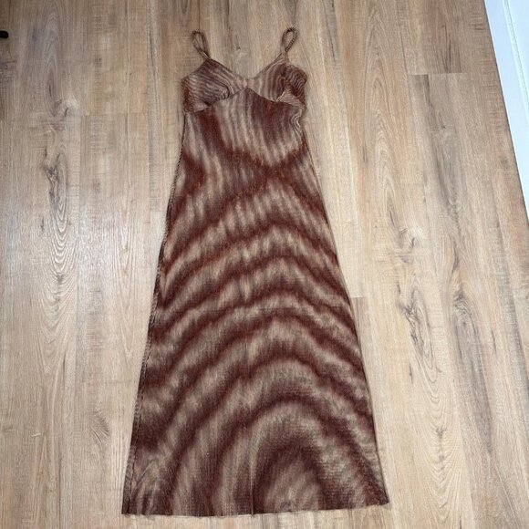 Vintage 90s Brown Moire Pattern Ribbed Maxi Dress Psychedelic Rave Fairy S - Picture 5 of 7